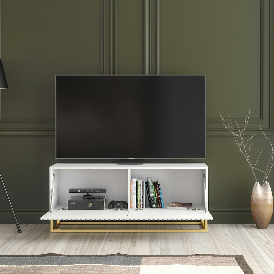 image 1 of TV Unit 100cm White Matt with Fluted Fronts and Gold Legs White