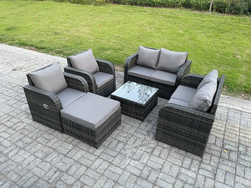 image 1 of Fimous 7 Seater Rattan Sofa Set Outdoor Garden Furniture Set with Square Coffee Table Loveseat Sofa Reclining Chairs Big Footstool Dark Grey Mixed