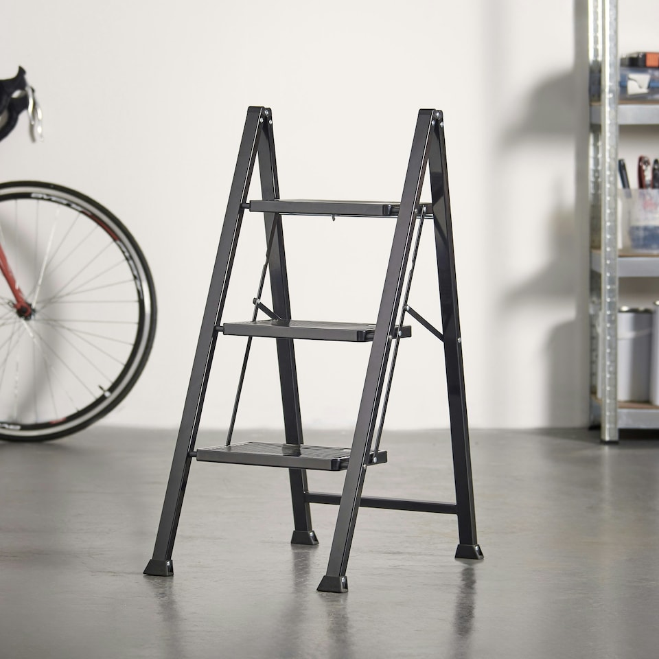 image 1 of VonHaus Steel Folding 3 Step Ladder Slim with Anti Slip Feet