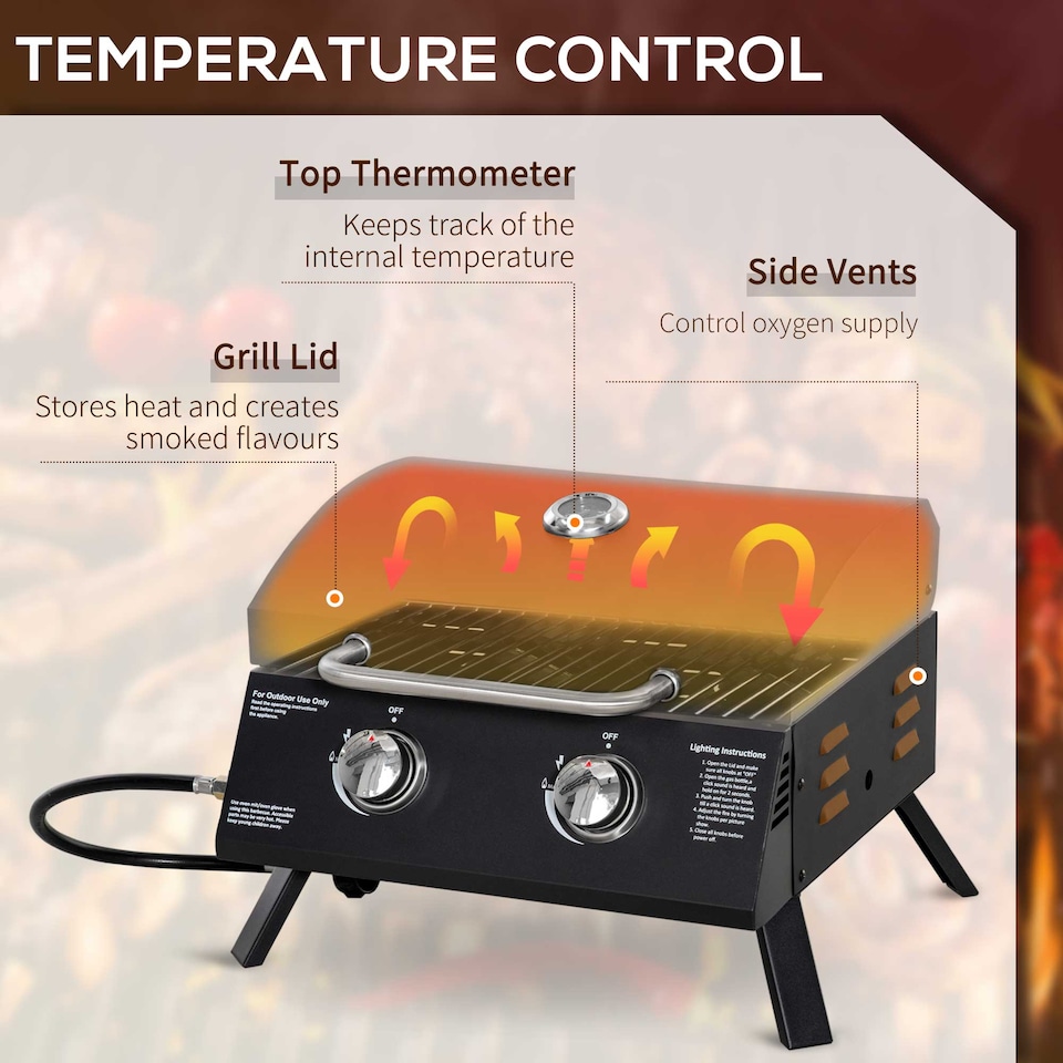 image 1 of Outsunny 2 Burner Gas BBQ Grill, 5.8 kW Outdoor Portable Folding Tabletop Barbecue w/Lid, Thermometer, Carbon Steel, Black