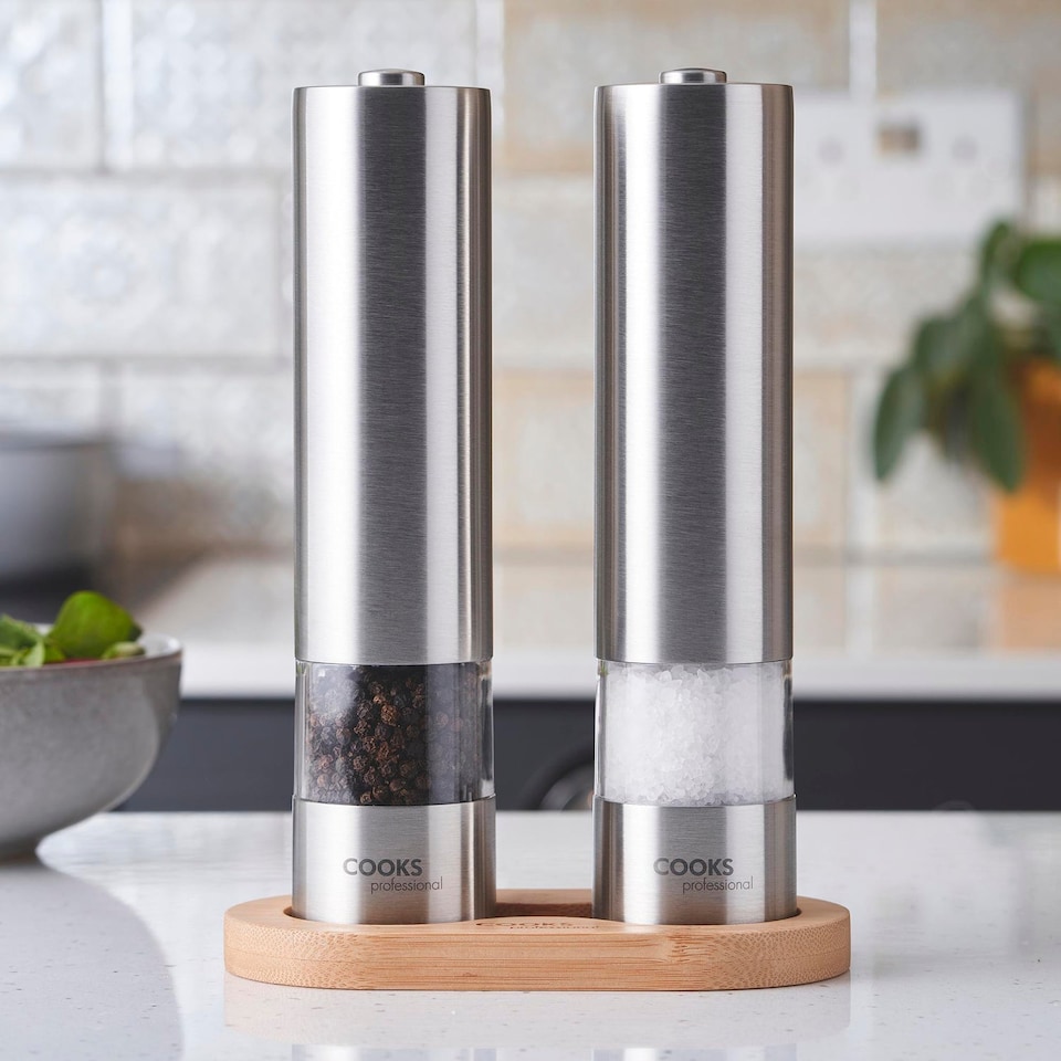 image 1 of Cooks Professional Electric Salt & Pepper Mill Set with Bamboo Base - Silver