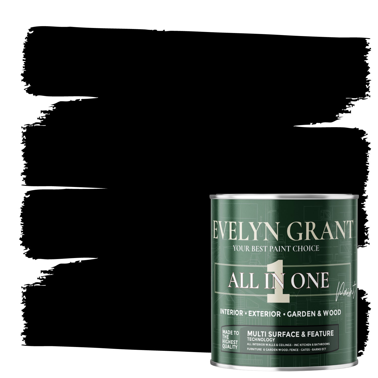 EVELYN GRANT All-in-One Paint & Primer - Multi-Surface for Walls, Wood, Interior & Exterior - Midnight Black - 1L - Satin