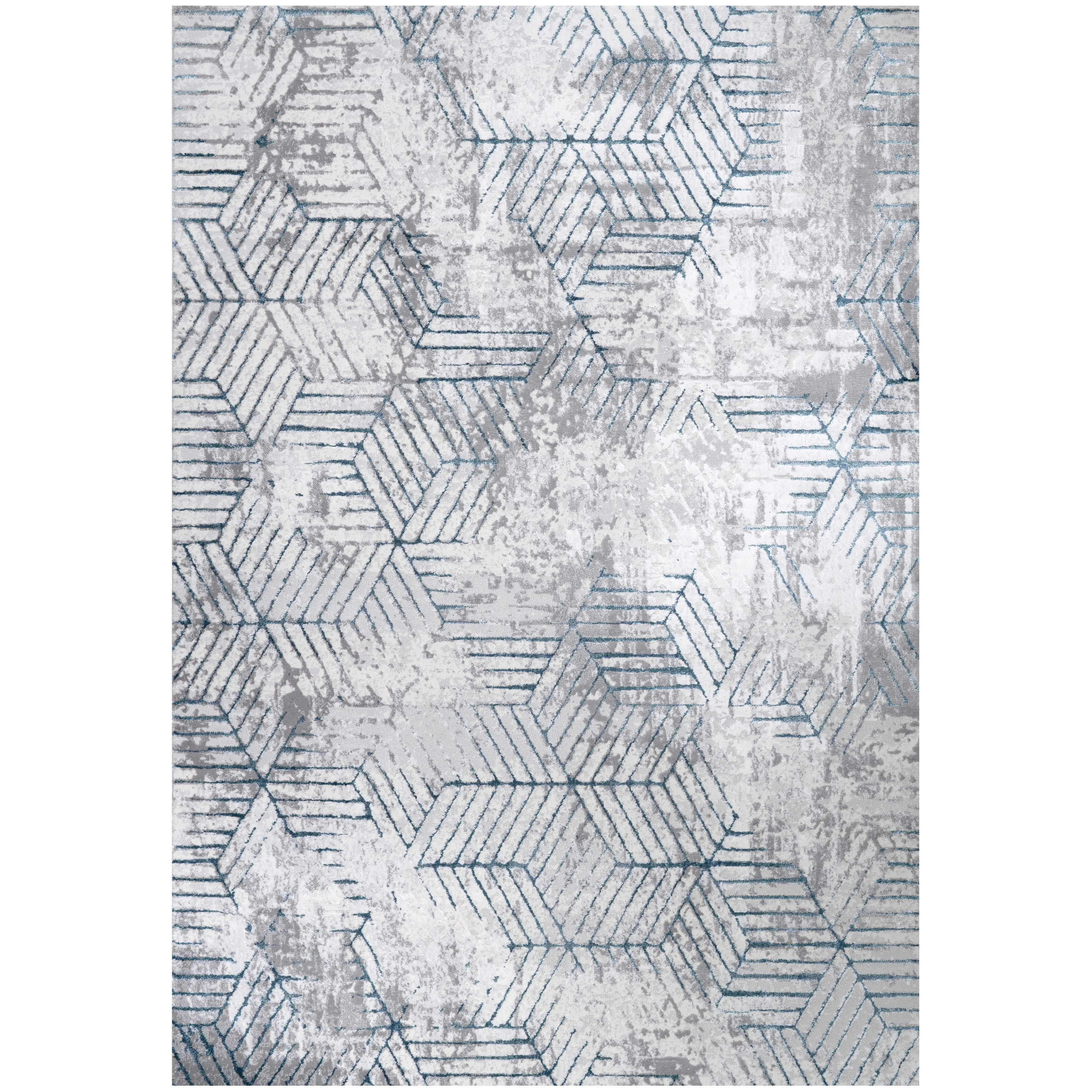 KUKOON Blue Grey Distressed Abstract Geometric Area Rug 190cm x 280cm ...