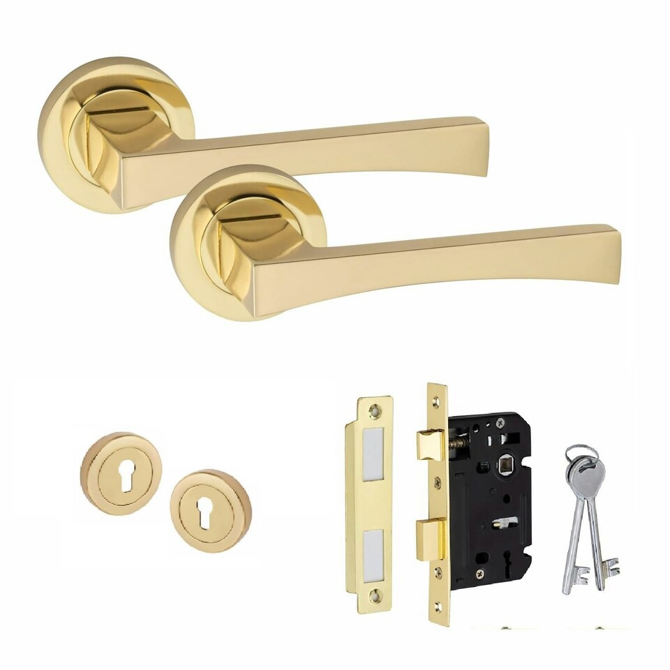 image 1 of Golden Grace Wave Handles Set on Round Rose in Electro Brass Finish with 64mm 3 Lever Mortise Lock and Key Hole Gold