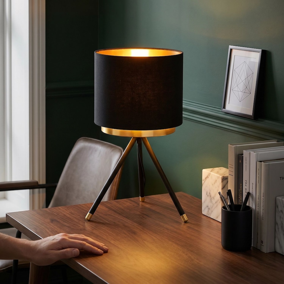 image 1 of Black Tripod Table Lamp with Gold Metal Ring and Cotton Drum Shade