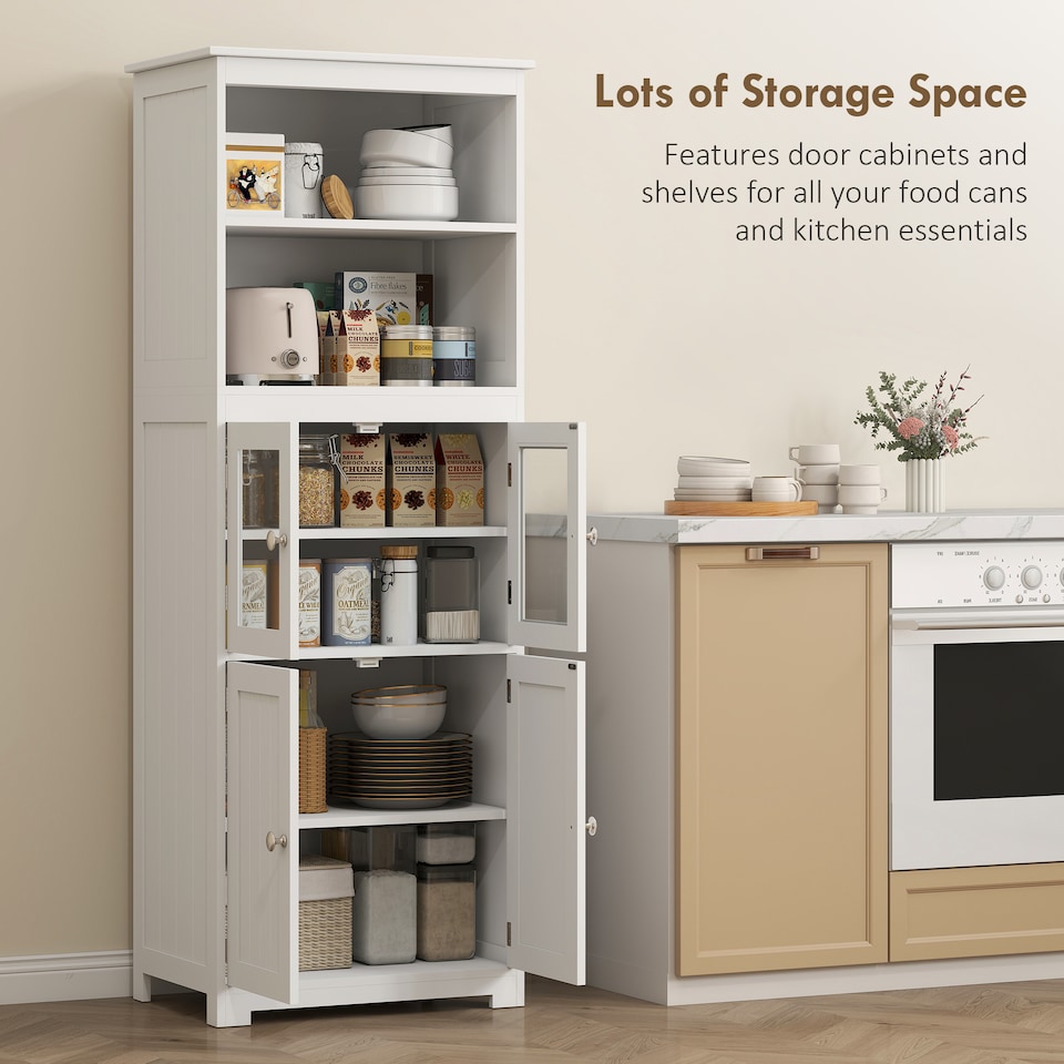 image 1 of HOMCOM Freestanding Kitchen Cupboard, 4-Door Storage Cabinet with Adjustable Shelf and Glass Doors for Dining Room, Living Room, White