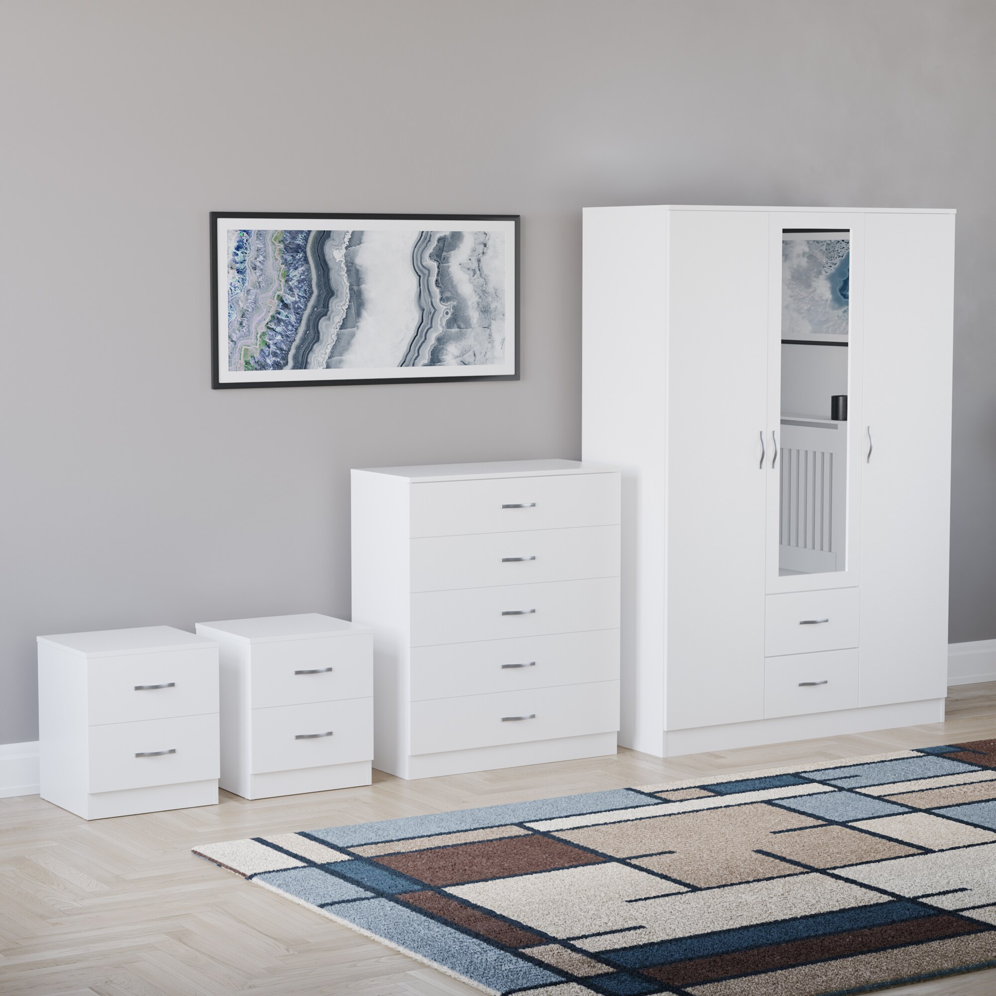 Vida Designs Riano 4 Piece Bedroom Set (2 Drawer Bedside Chest, 5 Drawer Chest, 3 Door 2 Drawer Mirrored Wardrobe), White