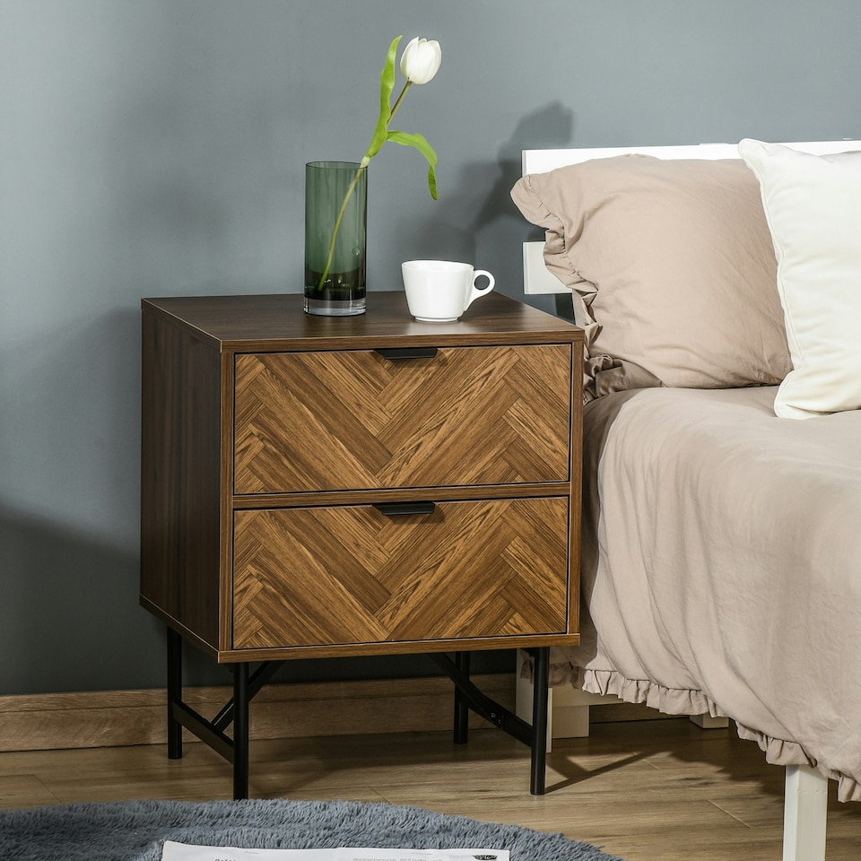 image 1 of HOMCOM Two-Drawer Herringbone Bedside Table Home Cabinet Bedroom Storage Brown