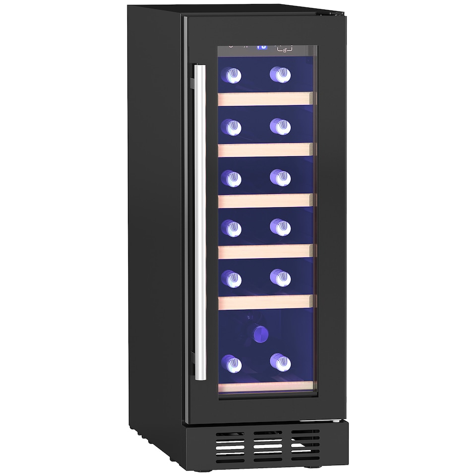 image 1 of HOMCOM Wine Fridge, 19 Bottle, 56L, Built-in and Freestanding, 29.5cm Slimline, Under Counter Compressor Wine Cooler Fridge with Glass Door, LED Light, Touch Screen, Temperature Control