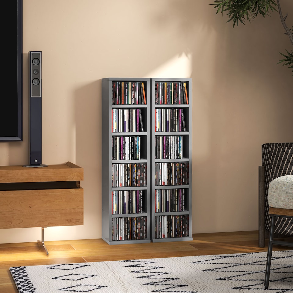image 1 of HOMCOM Set of 2 CD Storage Units DVD Shelf with Adjustable Shelves | Grey | High Gloss Grey | 21W x 22.5D x 88.5H cm