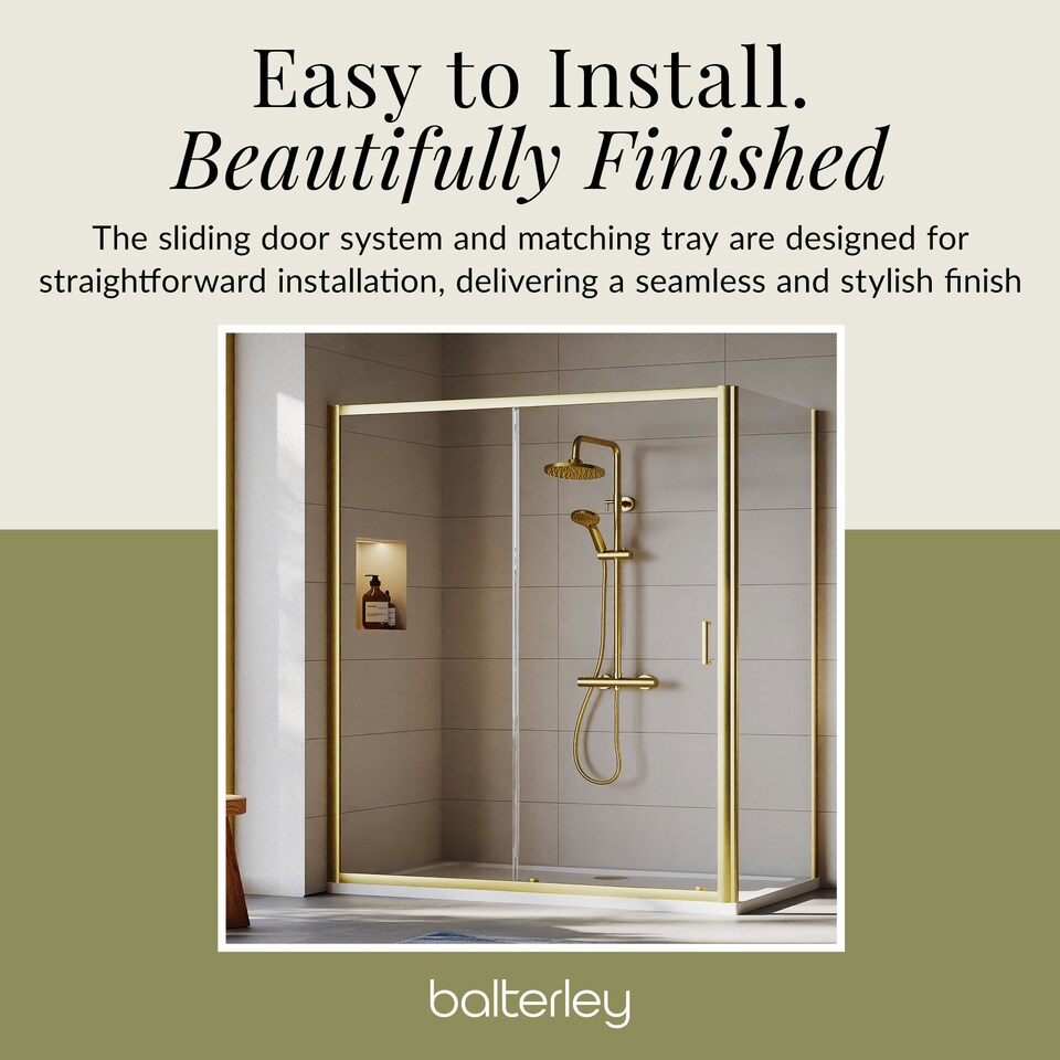 image 1 of 1400x900mm Sliding Shower Suite with Safety Glass Door, Side Panel & Tray, Brushed Brass | Copper | Brushed Brass | 3