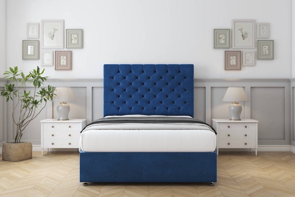 image 1 of Sloomy Mayfair Navy Plush Divan Bed Base 2 Drawers Same Side With 26 Inch Strutted Headboard | Blue | Navy | Small Double | 1