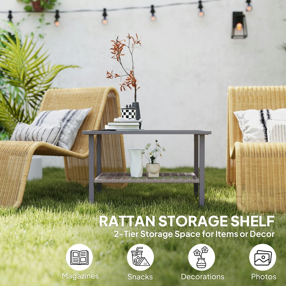 image 1 of Outsunny Outdoor Rattan Coffee Table, Rectangular Tea Side Table, Mixed-grey