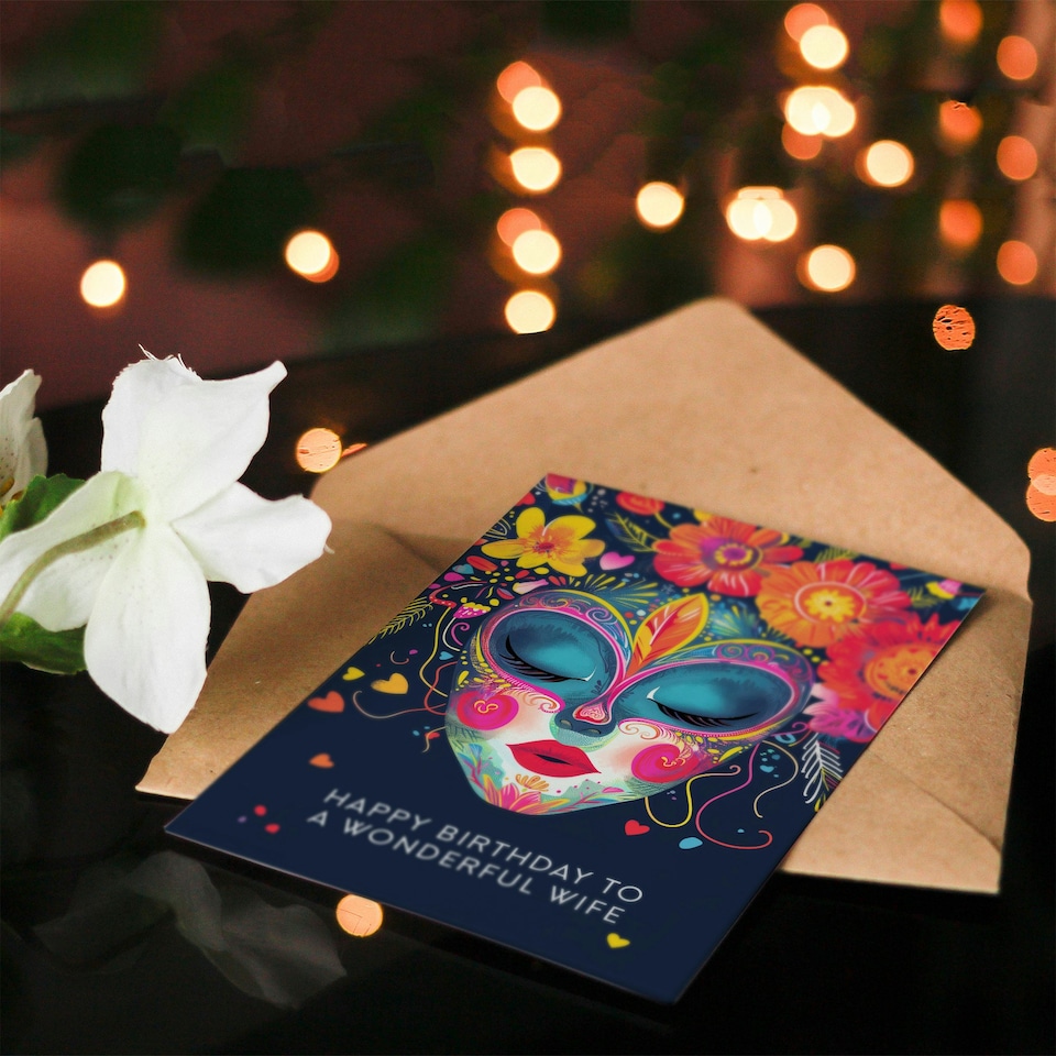 image 1 of Floral Headdress Love Hearts Flowers Wife Birthday Card