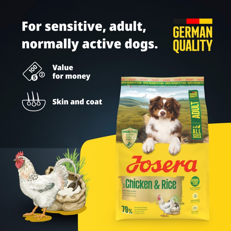 image 1 of Josera Adult All Sizes Chicken & Rice complete maintenance dog food | Lots of meat | Gluten-free | Immune Plus | Skin & Coat | Optimal digestion | 2x12.5kg pack
