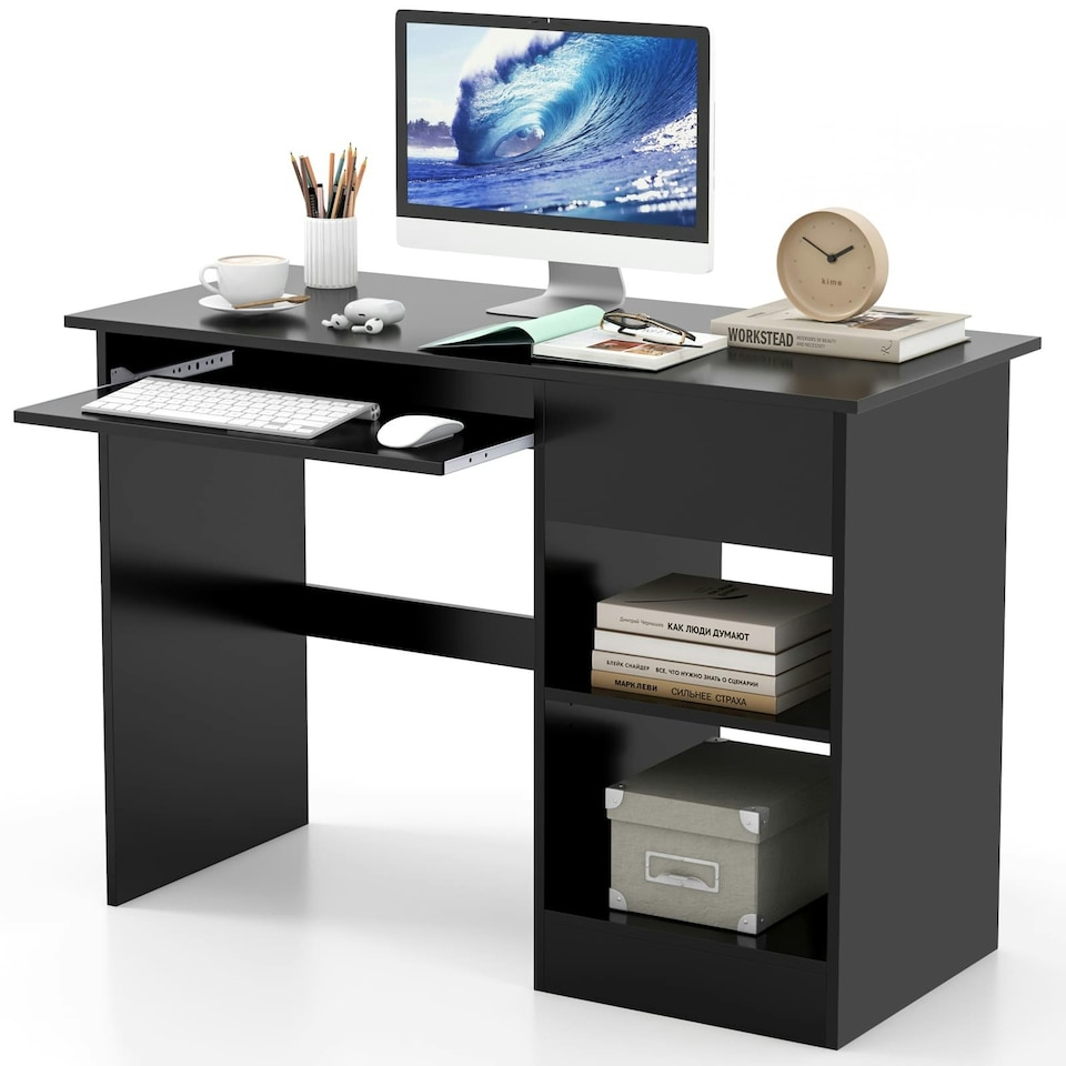 image 1 of COSTWAY Computer Desk Workstation Laptop Table w/Drawer Black Black