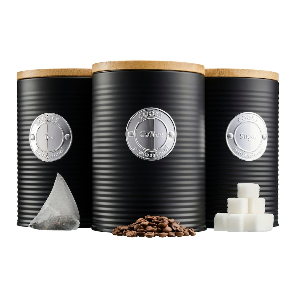 image 1 of Cooks Professional 3 Piece Ribbed Tea, Coffee, & Sugar Cannisters with Bamboo Lids | Stainless Steel Kitchen Storage Bins | Black & Silver