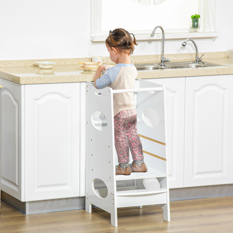 image 1 of HOMCOM Toddler Step Stool Kids Adjustable Standing Tower with Safety Rail | White