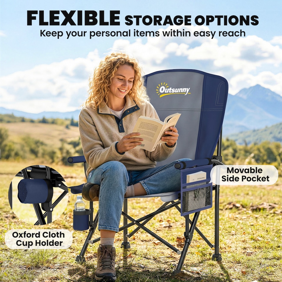 image 1 of Outsunny Camping Chair Padded with Side Pocket | Blue | Dark Blue, Dark Grey | One Size