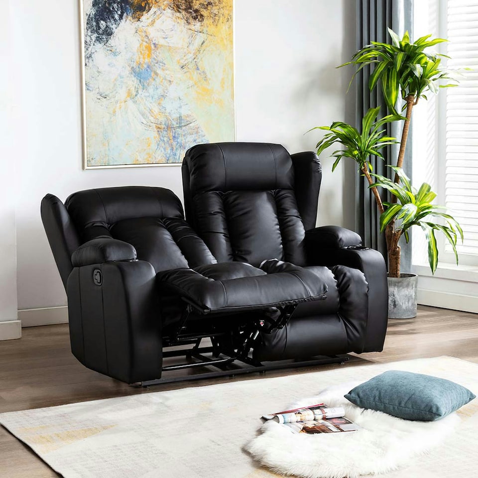 image 1 of Caesar 2 Seater Manual High Back Bonded Leather Recliner Sofa (Black)