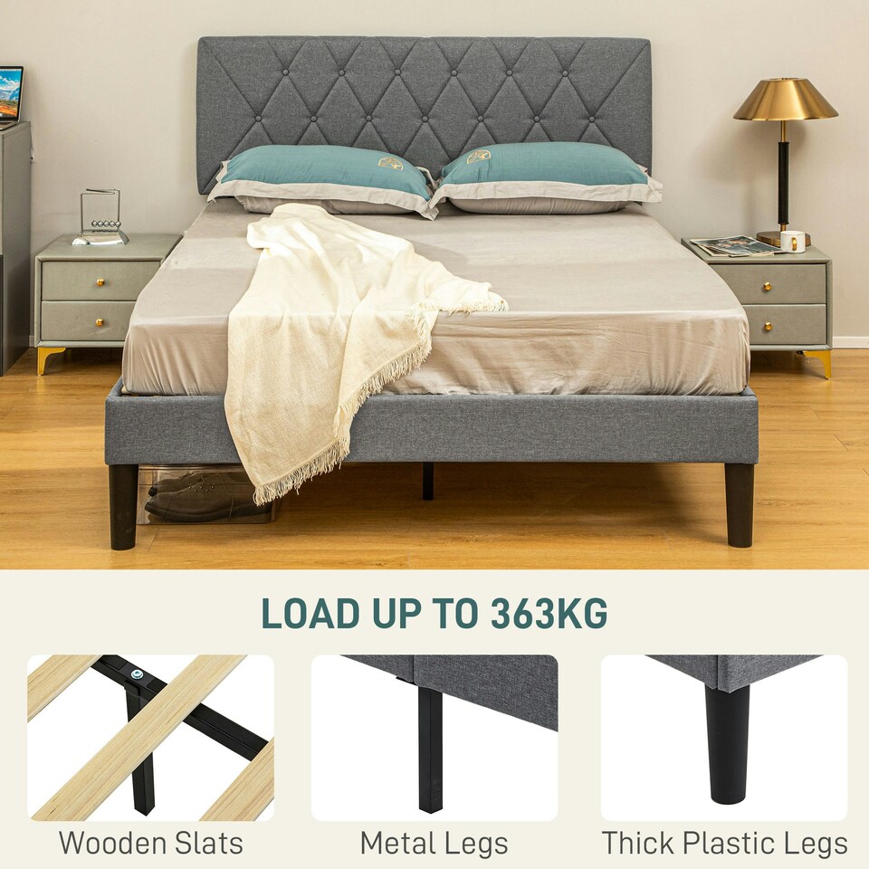 image 1 of HOMCOM Double Bed Frame with 5-Level Adjustable Linen Headboard