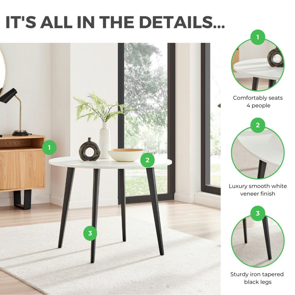 image 1 of Furniturebox Koko White Round Dining Table with Black Legs 100cm