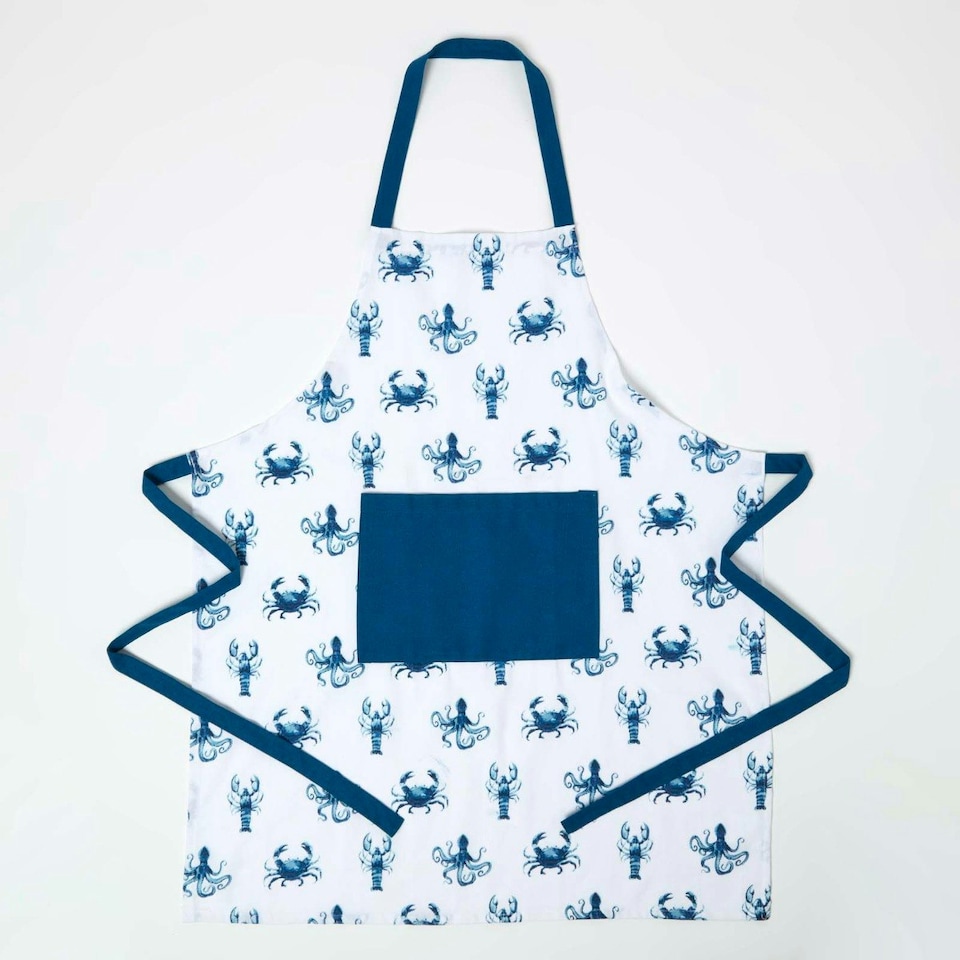 image 1 of Homescapes Blue Sea Animal 100% Cotton Apron | Blue | One Size