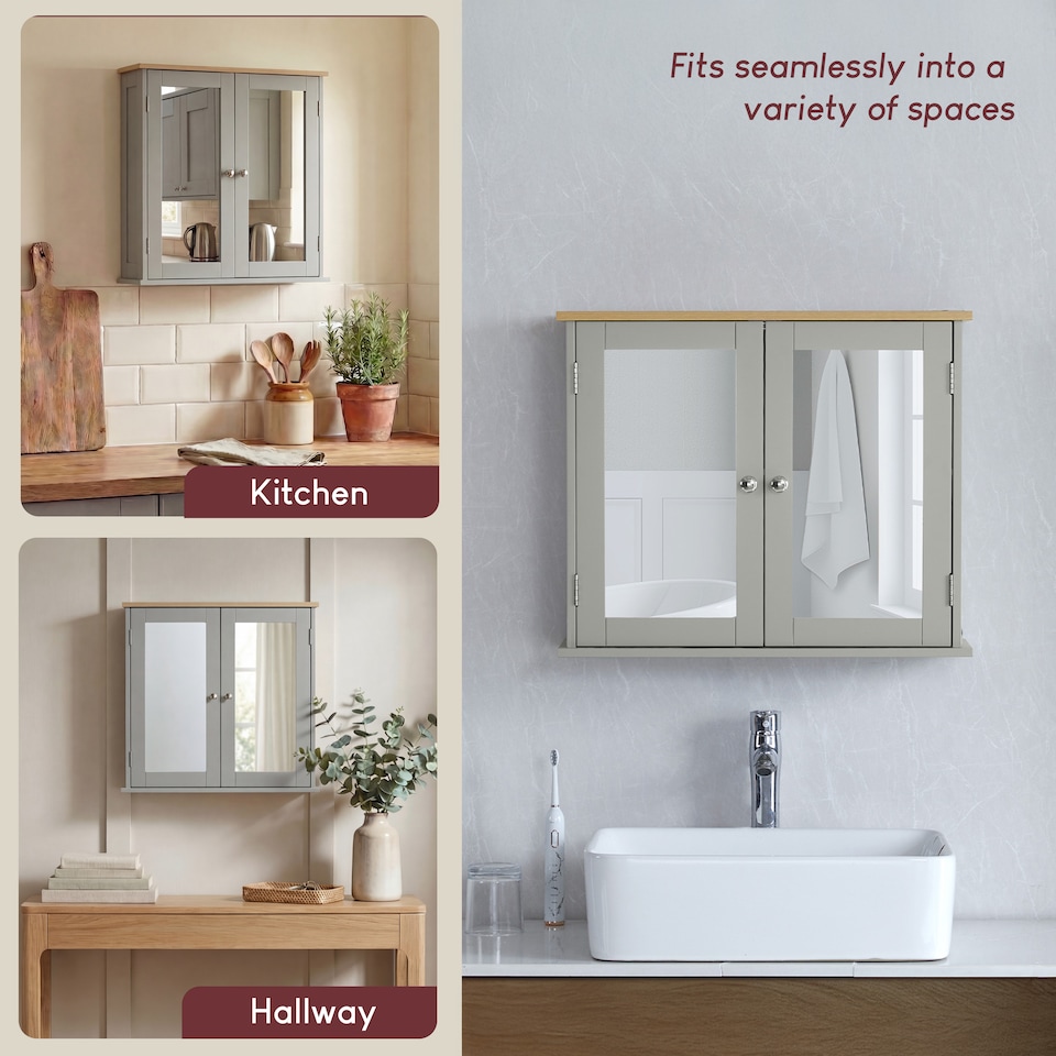 image 1 of Bath Vida Priano 2 Door Mirrored Wall Mounted Bathroom Cabinet, Grey & Oak