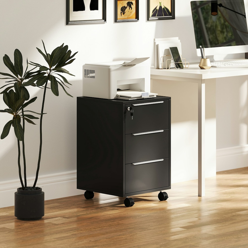 image 1 of HOMCOM Modern 3-Drawer Locking File Cabinet Mobile Filing Cabinet Grey White Black