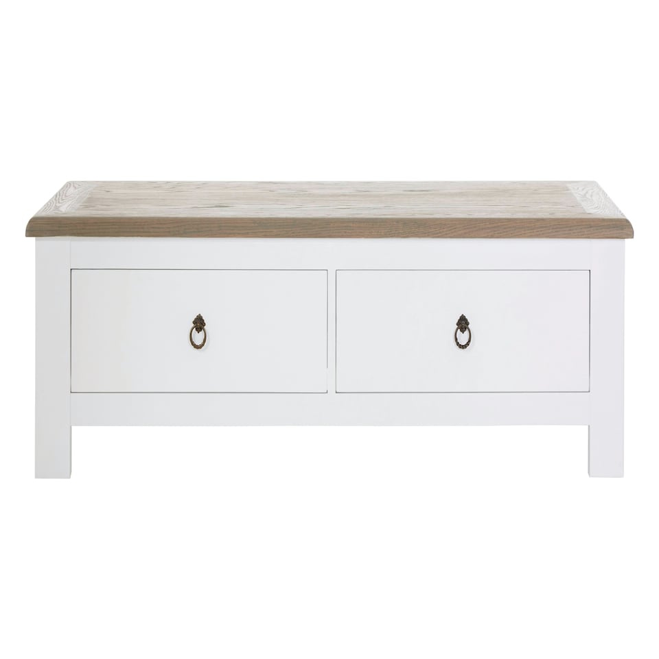image 1 of 2 Drawer Coffee Table With White Beech Wood Cabinet,Rectangular Table,Storage Table With Metal Handles White