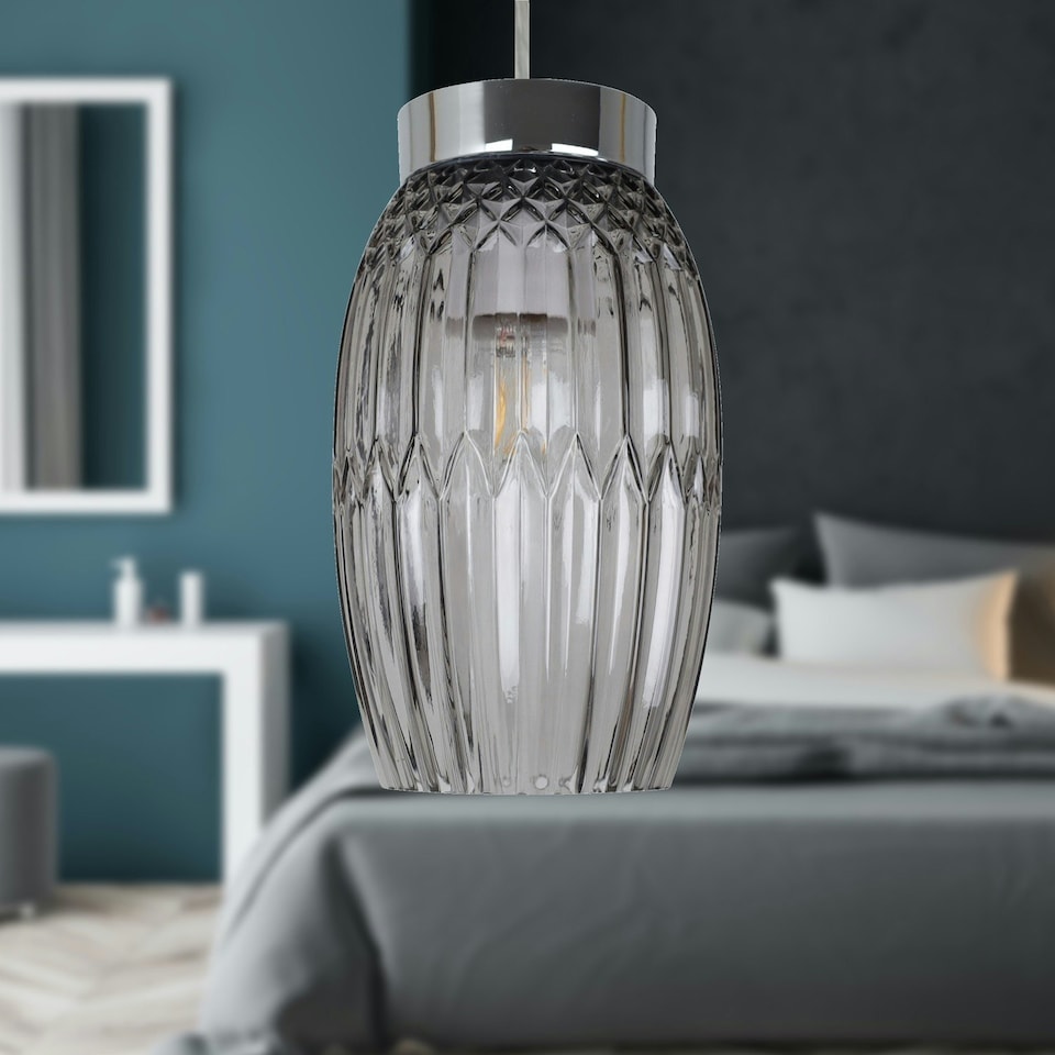 image 1 of Set of 2 Facet - Chrome with Smoke Faceted Glass Pendant Shades Clear | Chrome