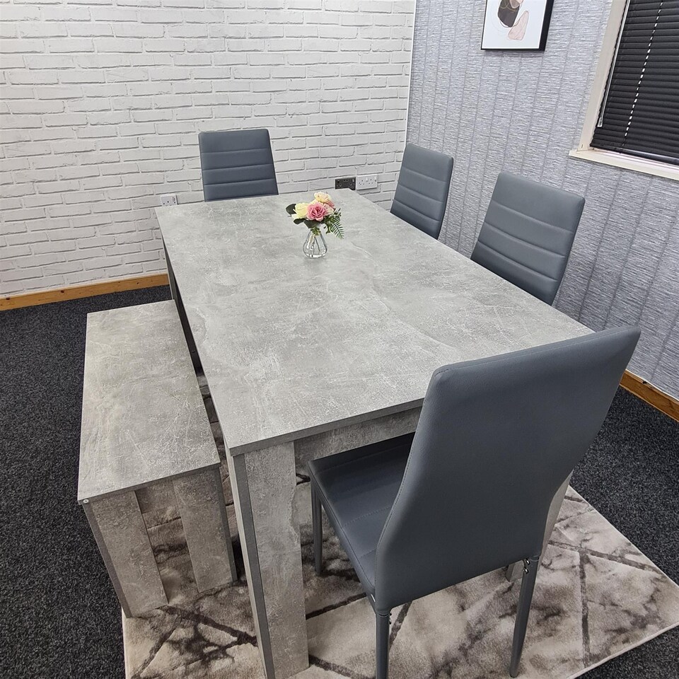 image 1 of Modern Grey Dining Table Set with 4 Grey Faux Leather Chairs And 1 Bench - Dining Room Furniture | Grey | One Size | 6