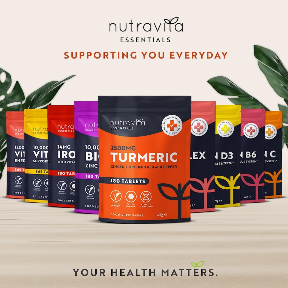 image 1 of Nutravita Turmeric Tablets 2500mg with Black Pepper, Ginger & Curcumin - Made in UK - 3 Month Supply - 180 Vegan High Strength Tumeric Supplements
