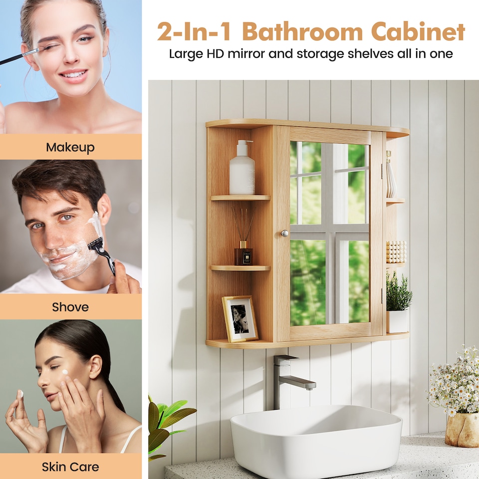image 1 of COSTWAY Bathroom Cabinet Wall-mounted Storage Cabinet-Natural