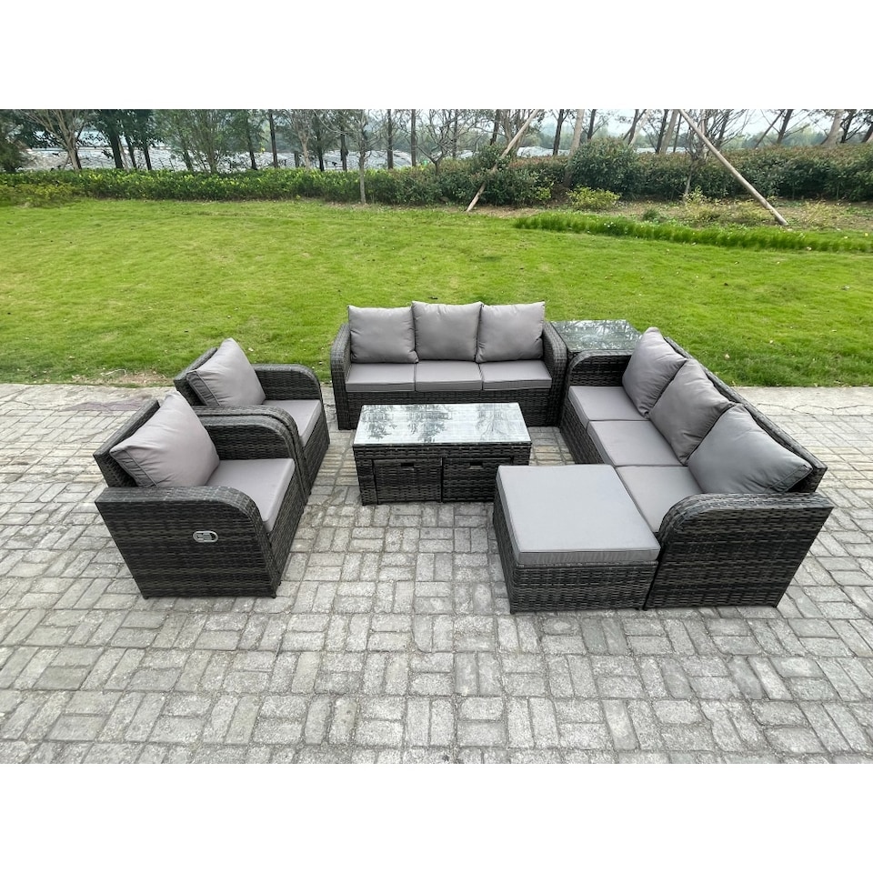 image 1 of Fimous 11 Seater Wicker PE Rattan Sofa Set Outdoor Patio Garden Furniture with 2 Reclining Chairs Coffee Table Side Table 3 Footstools Dark Grey Mixed