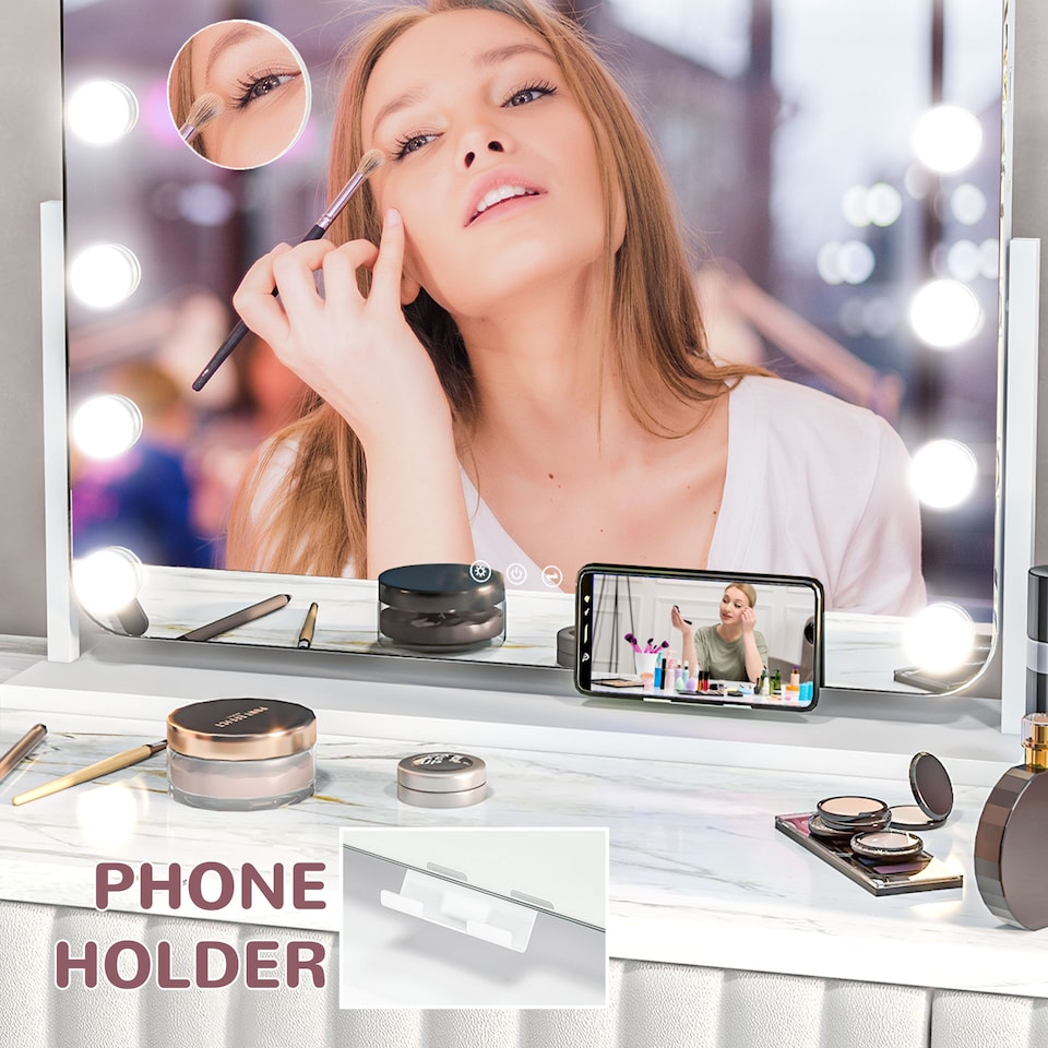 image 1 of HOMCOM Hollywood Vanity Mirror with Lights, Large 6350 cm Lighted Makeup Mirror with 3 Colour, 14 LED Bulbs, 10 Magnifying, USB Charging Port, Phone Holder