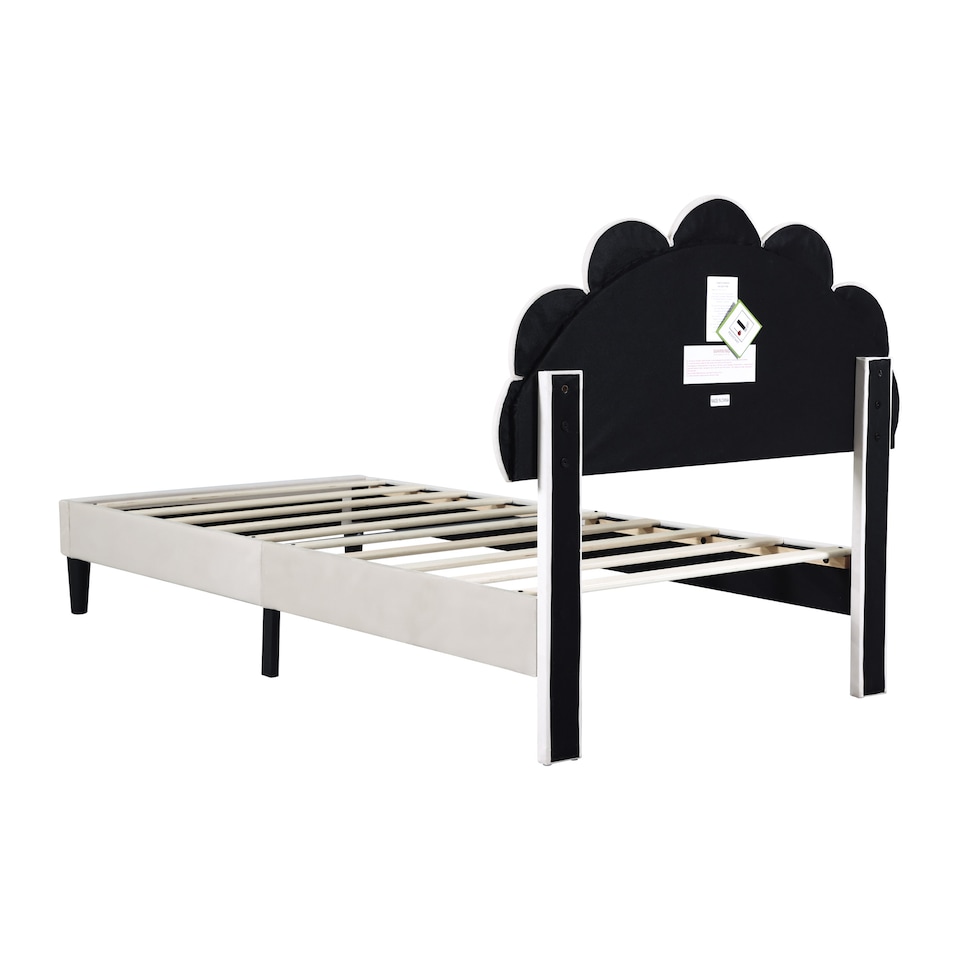 image 1 of Abrihome 3FT Single Velvet Upholstered Bed Frame 90x190cm with Adjustable Petal Headboard, Solid Wood Slats, No Box Spring Needed, Beige