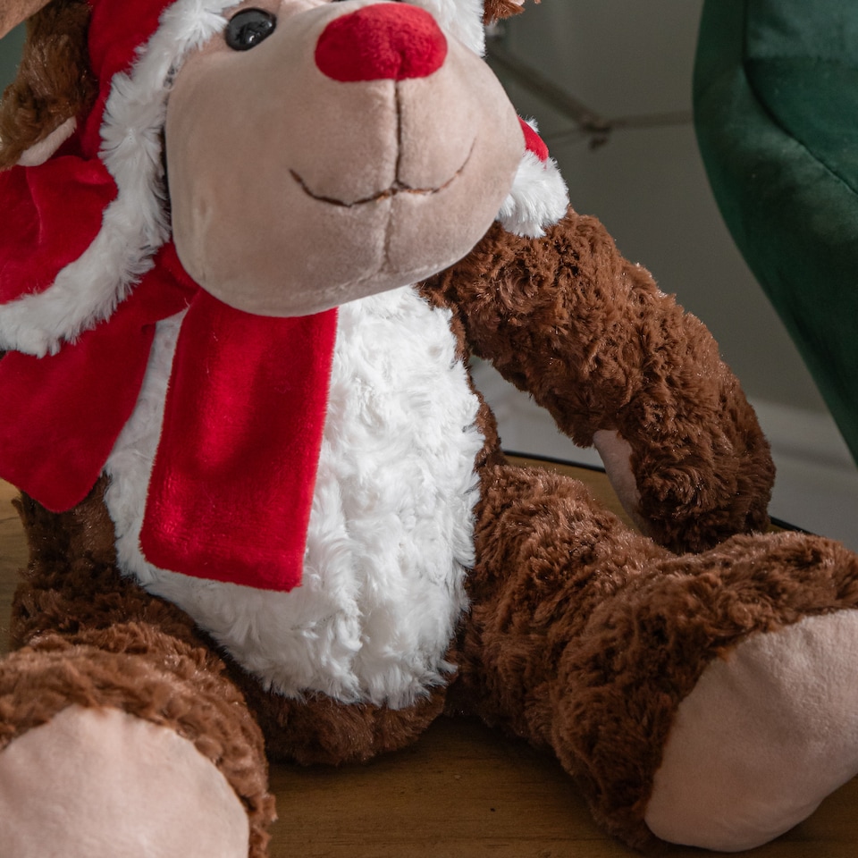image 1 of 30cm Sitting Plush Christmas Reindeer with Red Hat & Scarf