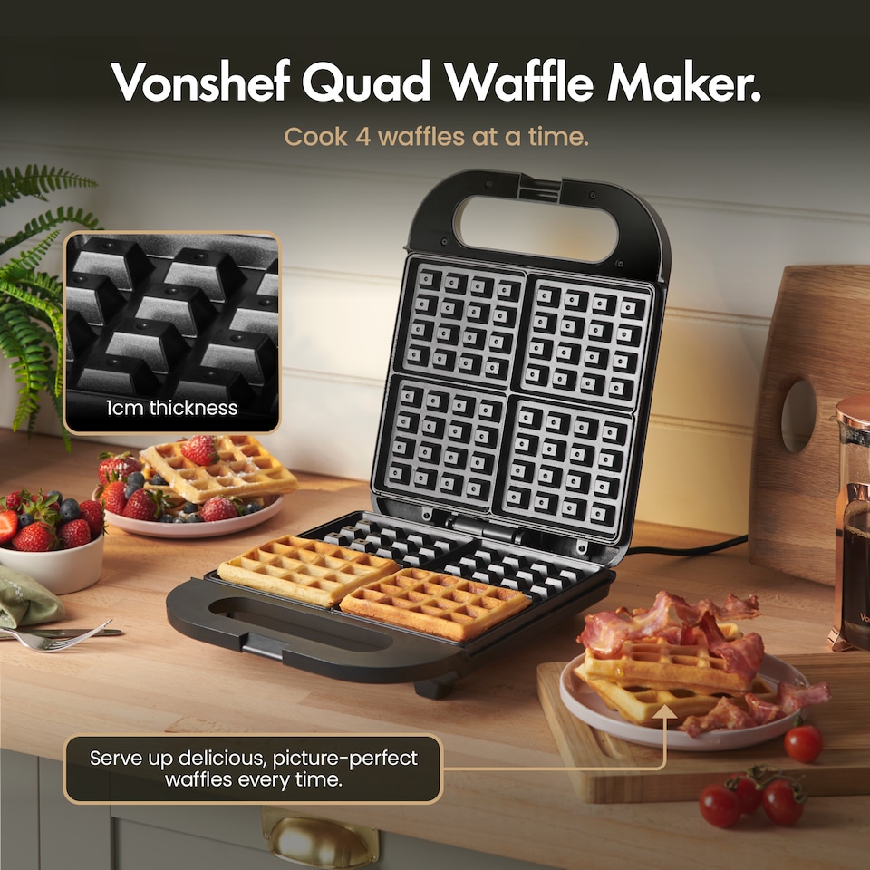 image 1 of Vonshef Waffle Maker Large 4 Slices, Non-Stick Plates, 1400W