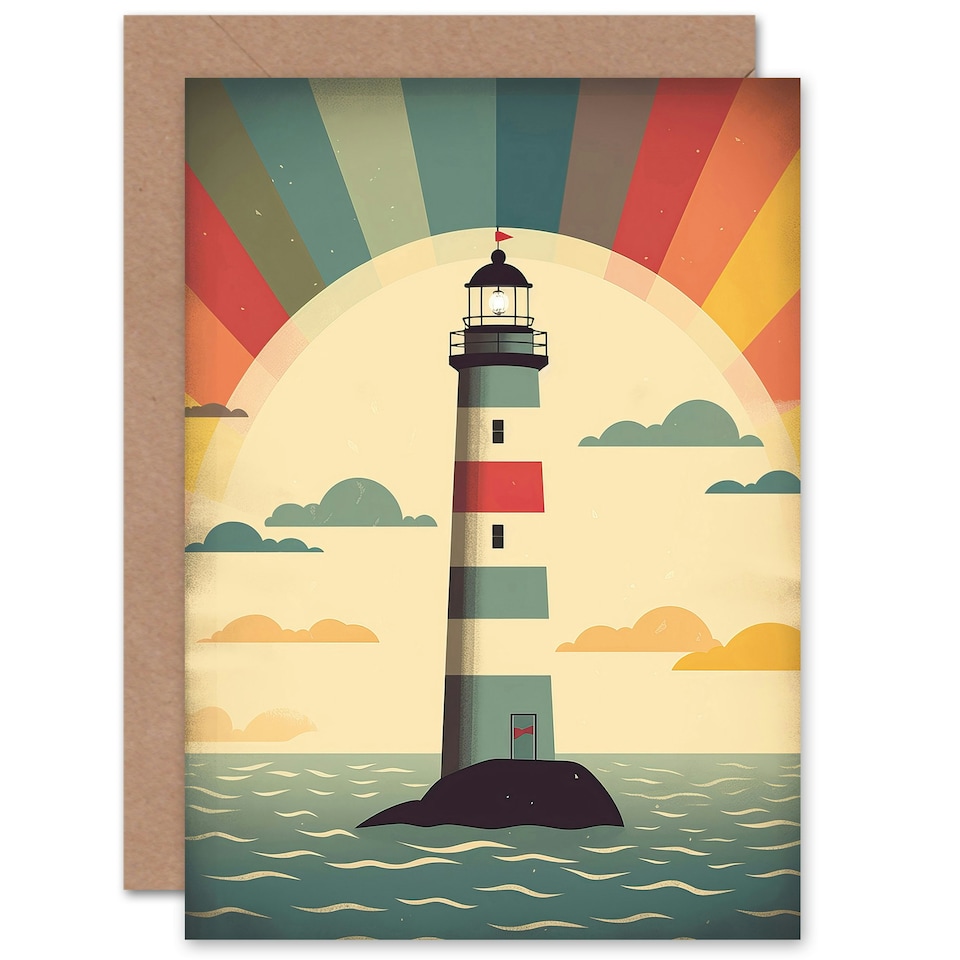 image 1 of Retro Lighthouse Sunrise Birthday Him Her Card