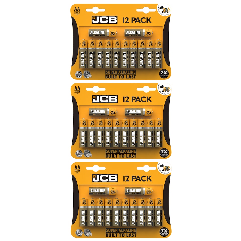 JCB AA Super Alkaline Batteries - Pack of 12 | Multi | AA | 36
