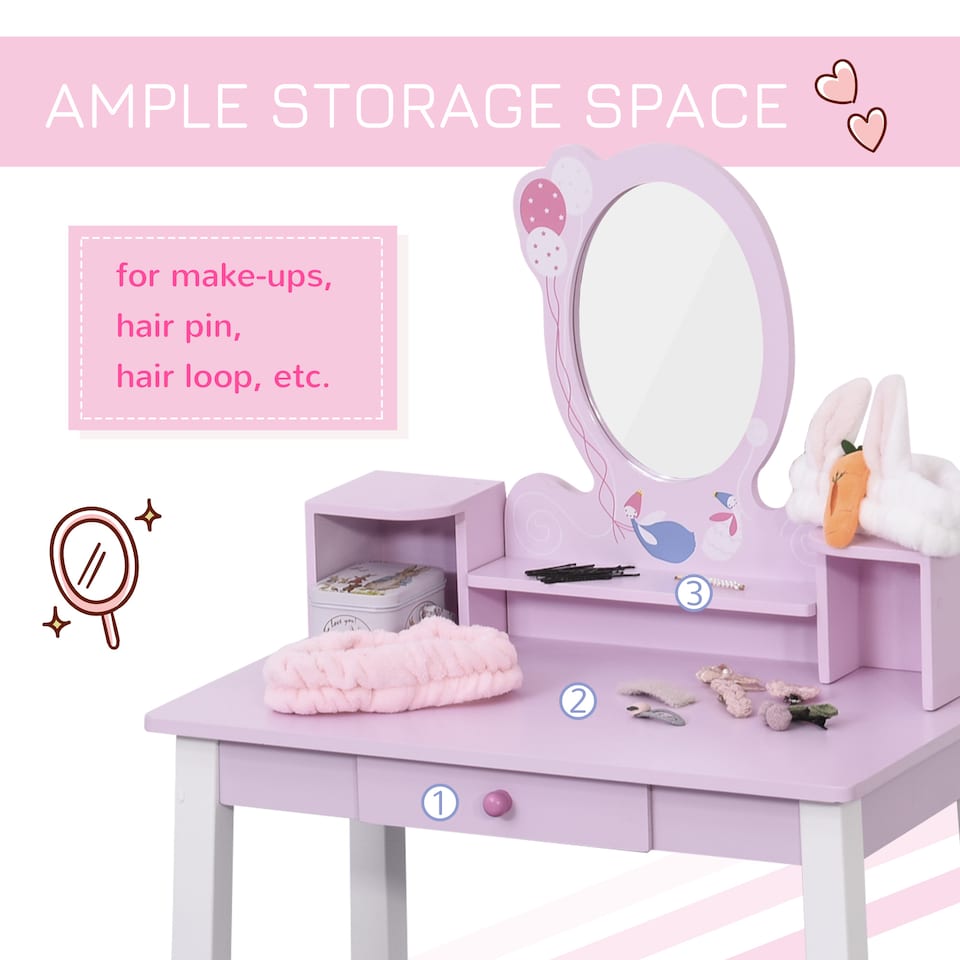 image 1 of HOMCOM Kids Dressing Table and Stool Set Make Up Desk with Storage (Pink)