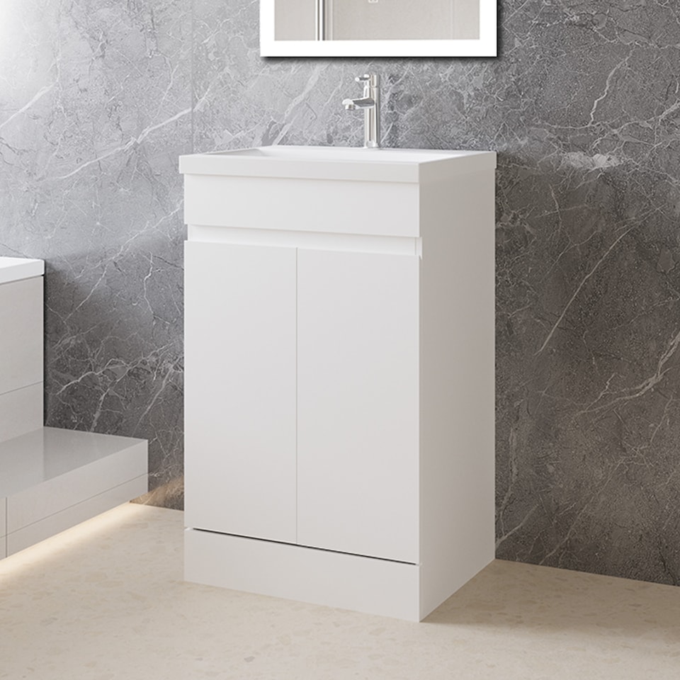 image 1 of AICA 500mm Gloss White Bathroom Vanity Unit With Basin Double Door Floor Standing Design Flat Packed