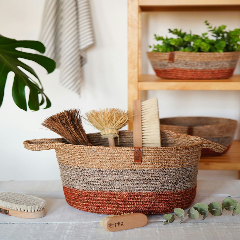 image 1 of Jute Handwoven Storage Basket (Orange And Grey)