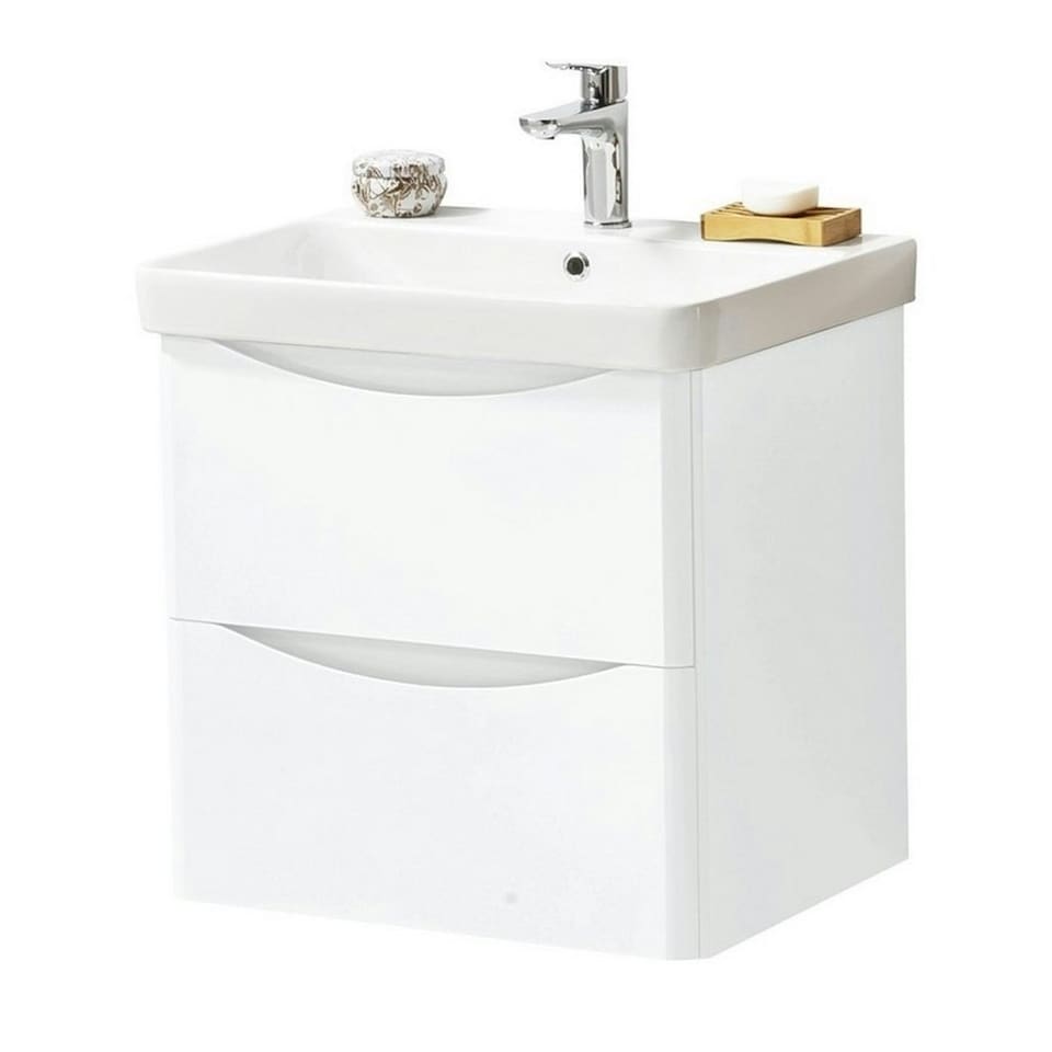image 1 of Bathroom Wall Mounted 2-Drawer Vanity Unit with Basin 600mm Wide - Gloss White - (Arch) - Brassware Not Included | White | White | 1