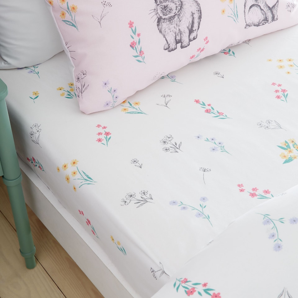 image 1 of Catherine Lansfield Bunny Tails Ditsy Flowers Fitted Sheet | White | Cot Bed