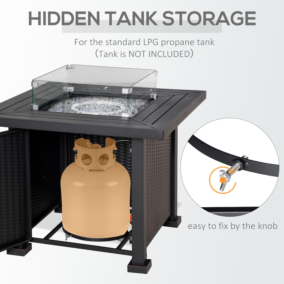 image 1 of Outsunny Square Propane Gas Fire Pit Table, 50000 BTU Rattan Smokeless Firepit Patio Heater with Glass Screen, Glass Beads and Lid, 81cm x 81cm x 64cm, Black