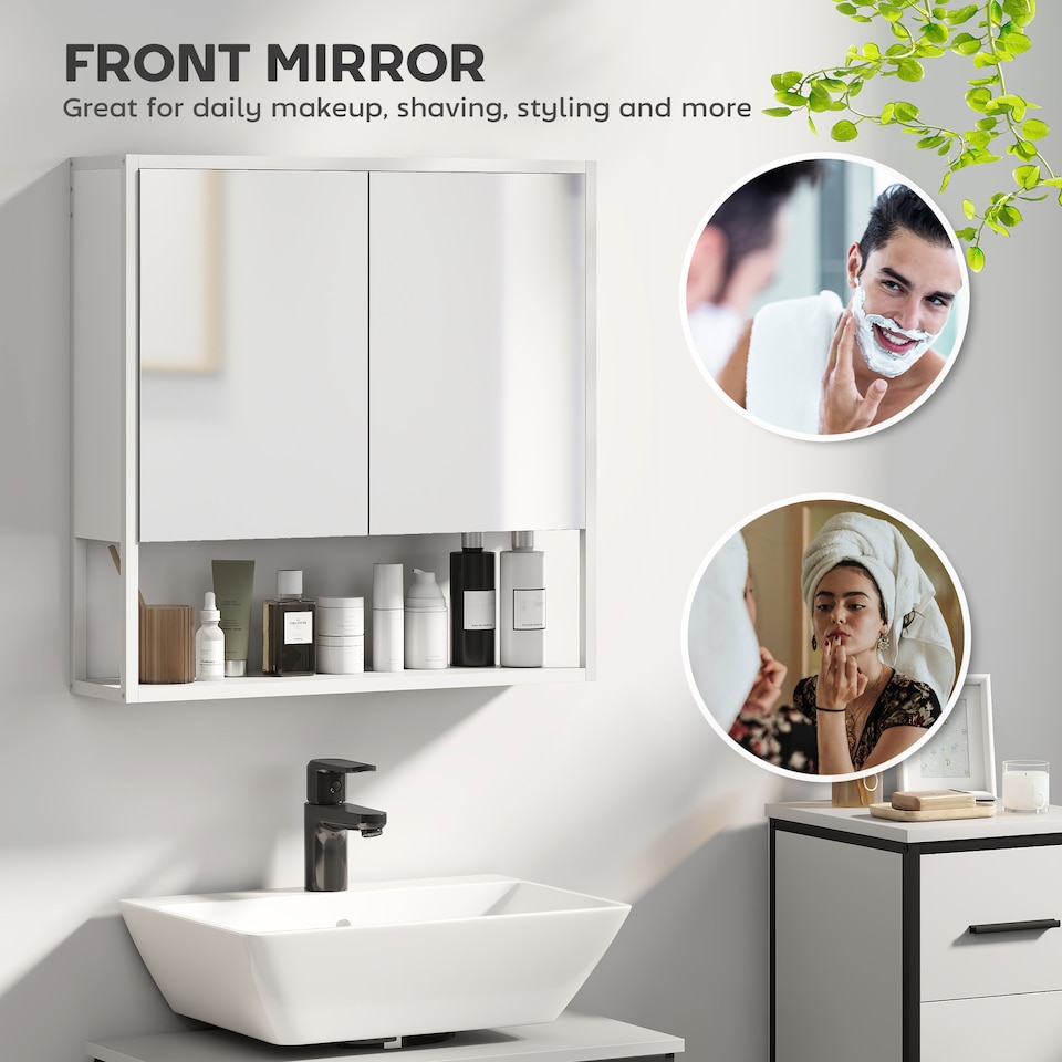 image 1 of HOMCOM Bathroom Mirror Cabinet Wall Mounted with Soft-Close Doors and Adjustable Shelf, Industrial Bathroom Wall Cabinet with Open Storage, 60 x 16 x 60 cm, White | White | White