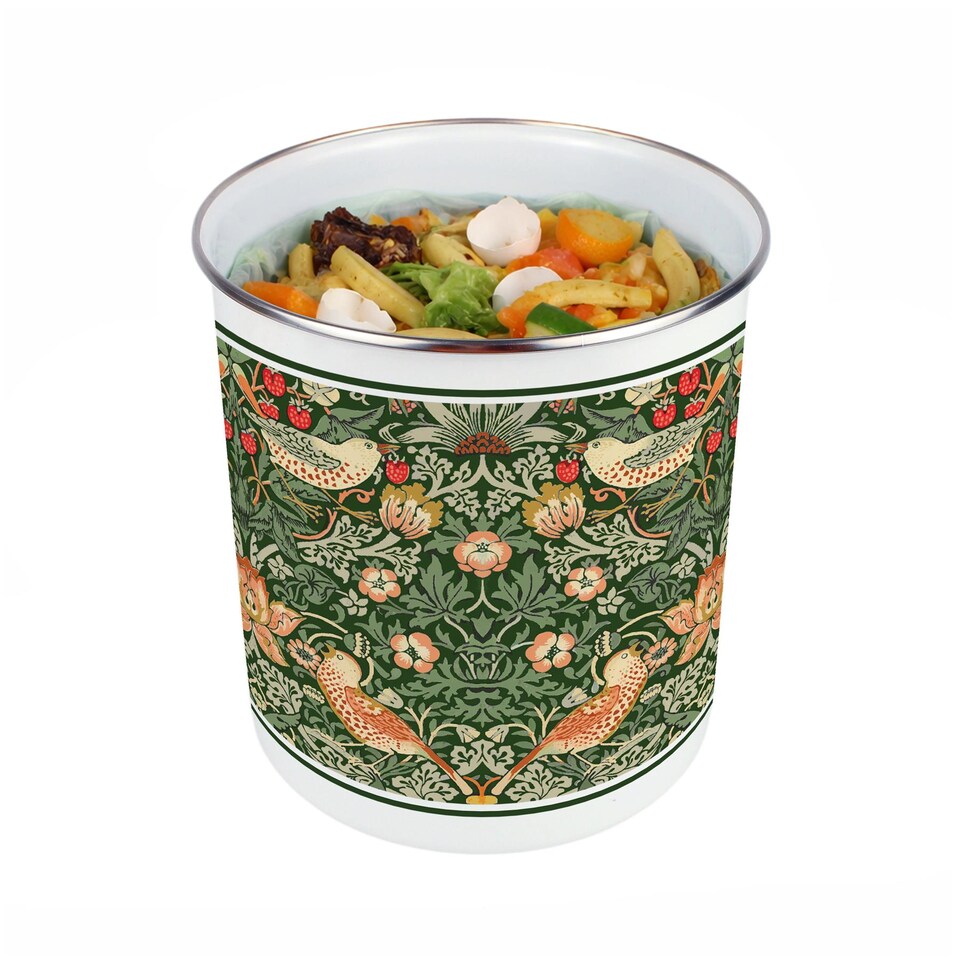 image 1 of Strawberry Thief Food Waste Caddy - Metal 2L Green Decorative Kitchen Compost Bin