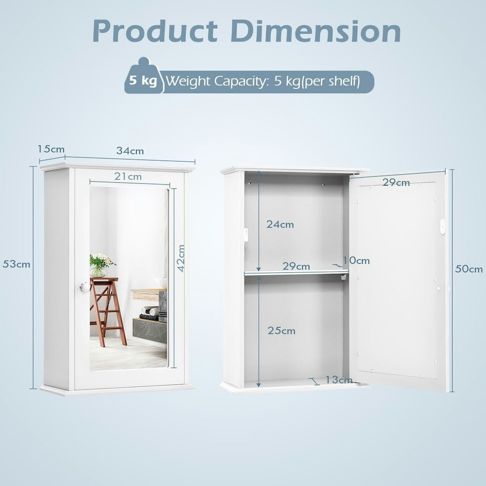 image 1 of COSTWAY Bathroom Mirror Cabinet Wall Mounted Storage White White